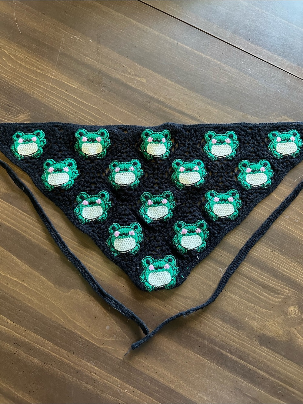 Handmade Black Crocheted Triangle Bandana with Green Frog Appliqués